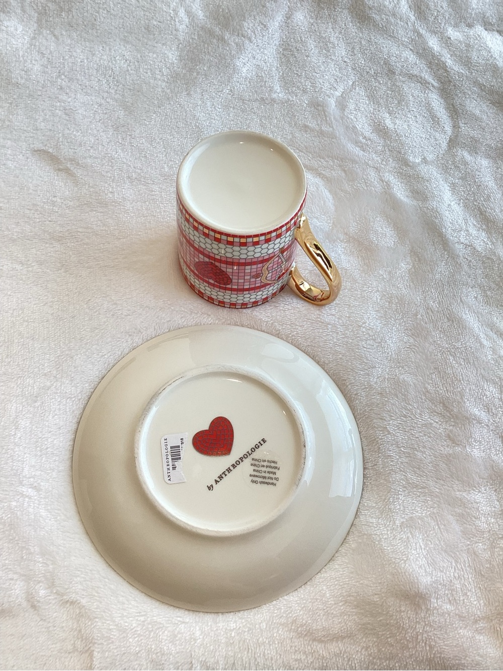 Anthropologie Bistro Espresso Cup Saucer 24KT Tile Stoneware Heart Bow & Arrow - Picture 13 of 14
